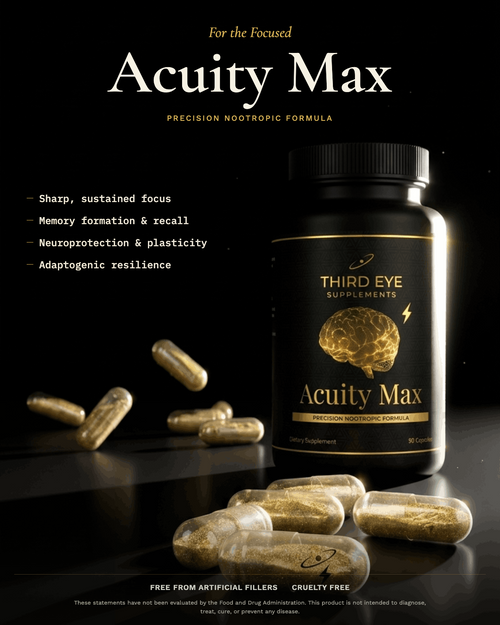 A bottle of Third Eye Supplements Acuity Max precision nootropic formula shown on a black reflective surface with several capsules scattered around it. The bottle is black with gold lettering and a gold brain graphic on the label.